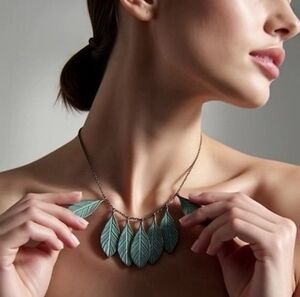 Mint Green Leaf Dangle Necklace Bohemian Festival Silver Tone Jewelry Very Good